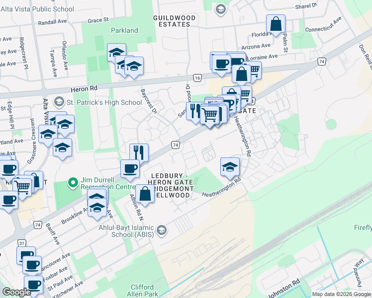 map of restaurants, bars, coffee shops, grocery stores, and more near in Ottawa