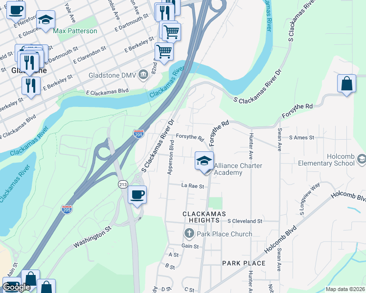 map of restaurants, bars, coffee shops, grocery stores, and more near Toman Road in Oregon City