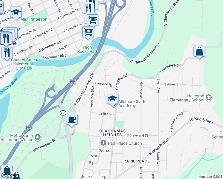 map of restaurants, bars, coffee shops, grocery stores, and more near 14000 Forsythe Road in Oregon City