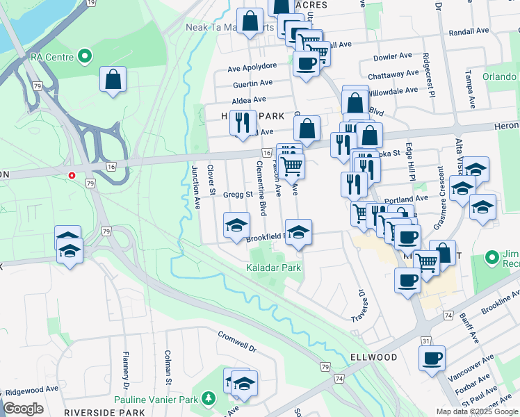 map of restaurants, bars, coffee shops, grocery stores, and more near 2472 Clementine Boulevard in Ottawa