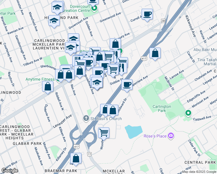 map of restaurants, bars, coffee shops, grocery stores, and more near 31 Broadview Avenue in Ottawa