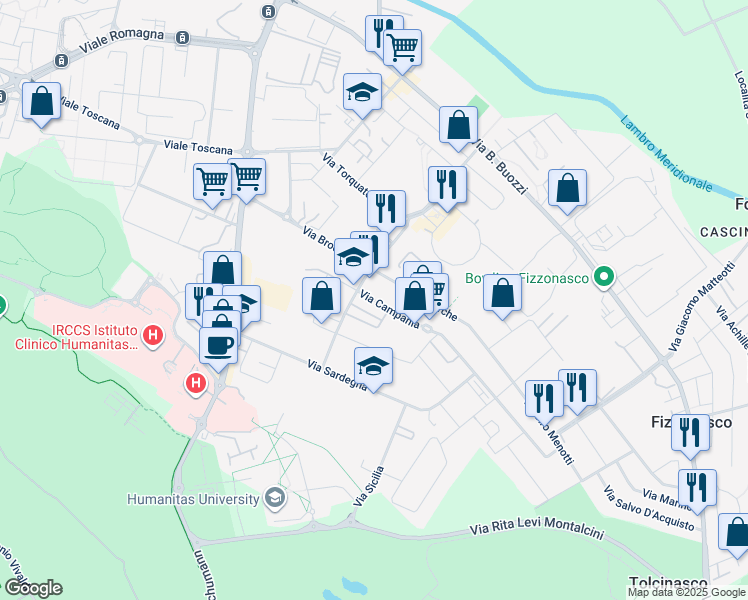 map of restaurants, bars, coffee shops, grocery stores, and more near 26 Via Campania in Pieve Emanuele