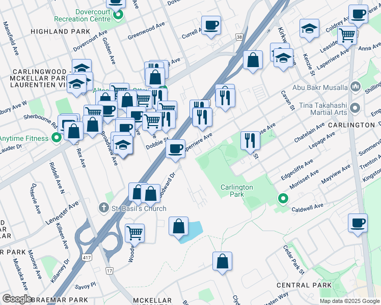 map of restaurants, bars, coffee shops, grocery stores, and more near 1620 Laperriere Avenue in Ottawa