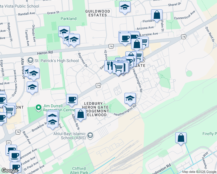 map of restaurants, bars, coffee shops, grocery stores, and more near 564 Reardon Private in Ottawa