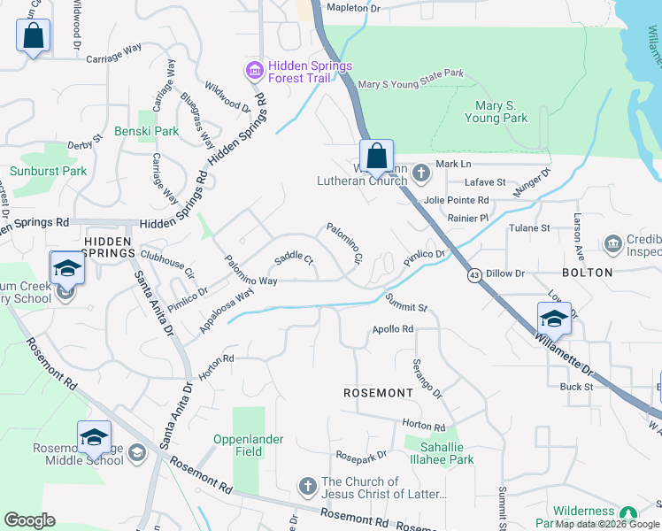 map of restaurants, bars, coffee shops, grocery stores, and more near 6581 Palomino Way in West Linn