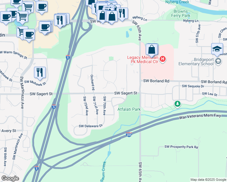 map of restaurants, bars, coffee shops, grocery stores, and more near 20075 Southwest 69th Street in Tualatin
