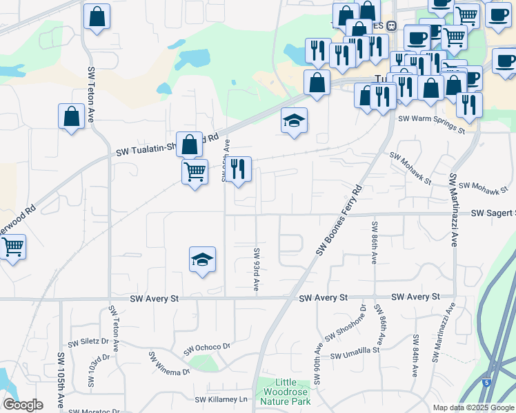 map of restaurants, bars, coffee shops, grocery stores, and more near 9370 Southwest Sagert Street in Tualatin
