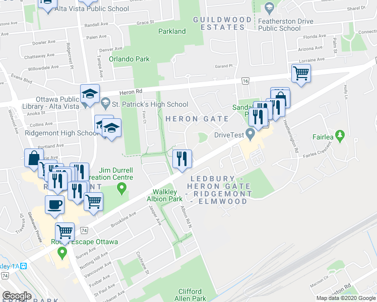 map of restaurants, bars, coffee shops, grocery stores, and more near 2805 Cedarwood Drive in Ottawa