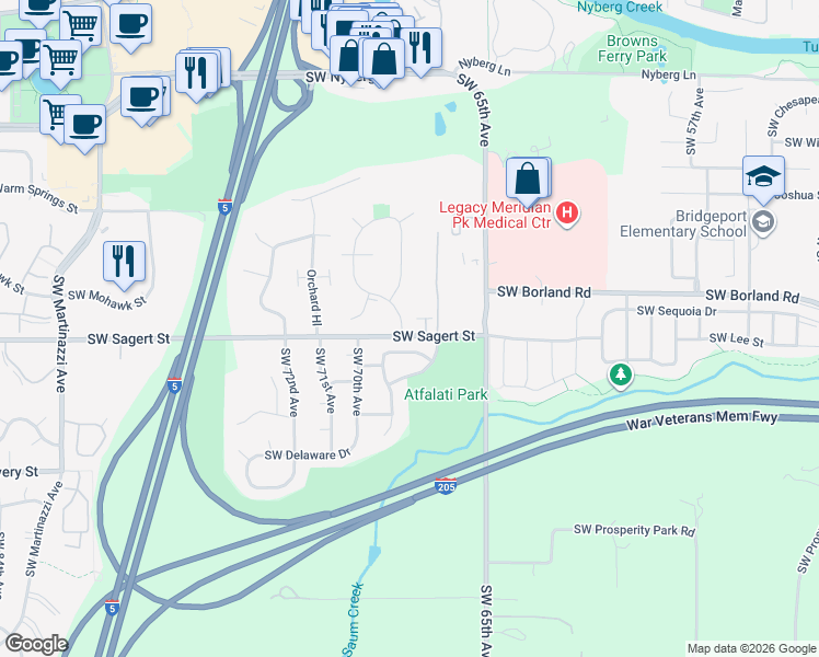 map of restaurants, bars, coffee shops, grocery stores, and more near 19900 Southwest 68th Avenue in Tualatin