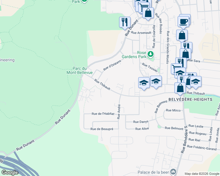 map of restaurants, bars, coffee shops, grocery stores, and more near 981 Rue Thibault in Sherbrooke