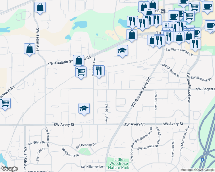 map of restaurants, bars, coffee shops, grocery stores, and more near 9370 Southwest Sagert Street in Tualatin