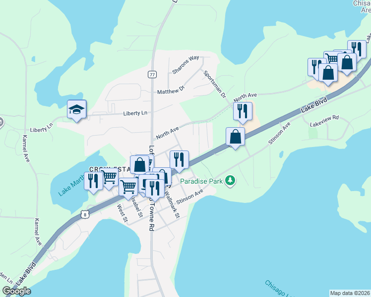 map of restaurants, bars, coffee shops, grocery stores, and more near 29535 East Street in Chisago City