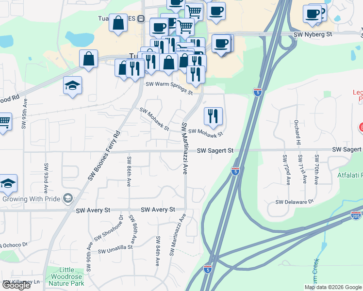 map of restaurants, bars, coffee shops, grocery stores, and more near 8272 Southwest Mohawk Street in Tualatin