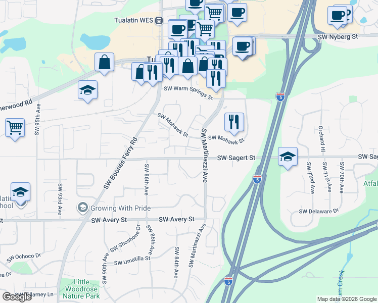 map of restaurants, bars, coffee shops, grocery stores, and more near 8325 Southwest Mohawk Street in Tualatin