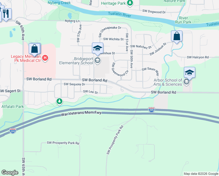 map of restaurants, bars, coffee shops, grocery stores, and more near 5352 Southwest Sequoia Drive in Tualatin