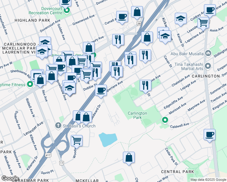 map of restaurants, bars, coffee shops, grocery stores, and more near in Ottawa
