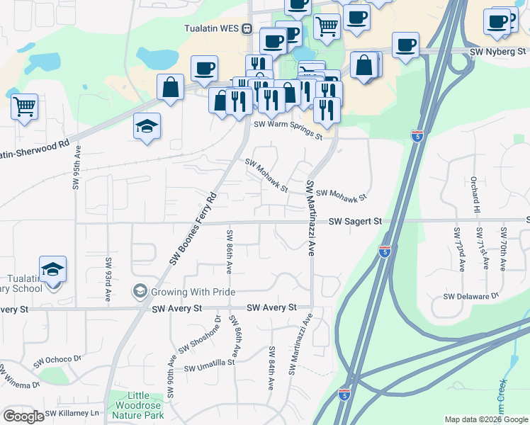map of restaurants, bars, coffee shops, grocery stores, and more near 8424 Southwest Mohawk Street in Tualatin