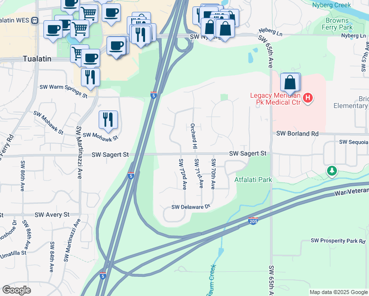 map of restaurants, bars, coffee shops, grocery stores, and more near 7189 Southwest Sagert Street in Tualatin