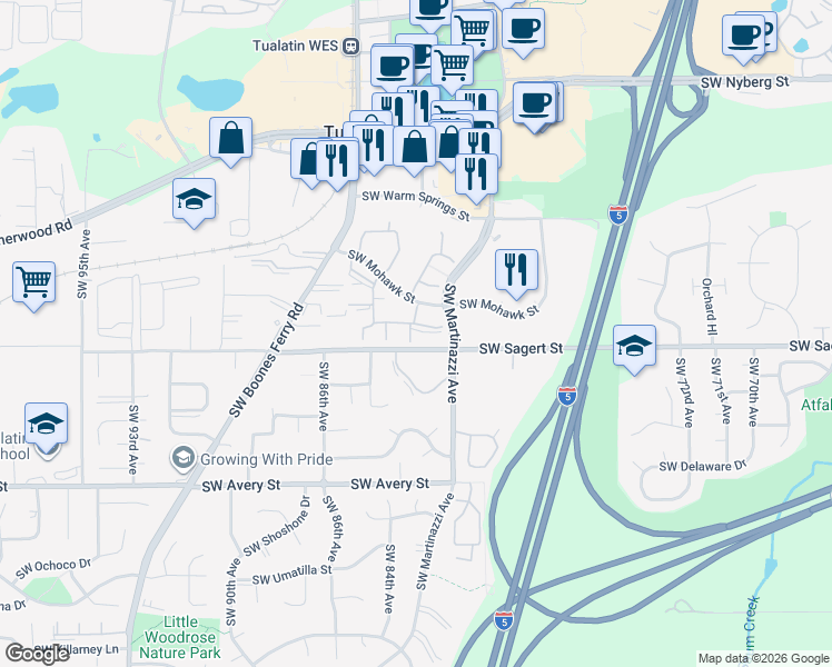 map of restaurants, bars, coffee shops, grocery stores, and more near 8325 Southwest Mohawk Street in Tualatin