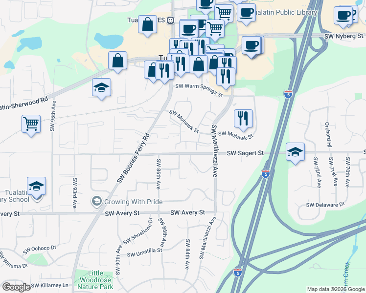 map of restaurants, bars, coffee shops, grocery stores, and more near 8424 Southwest Mohawk Street in Tualatin