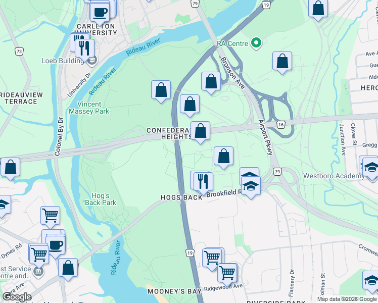 map of restaurants, bars, coffee shops, grocery stores, and more near in Ottawa