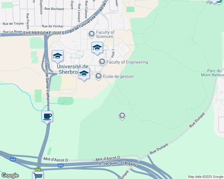 map of restaurants, bars, coffee shops, grocery stores, and more near Voie 14 in Sherbrooke