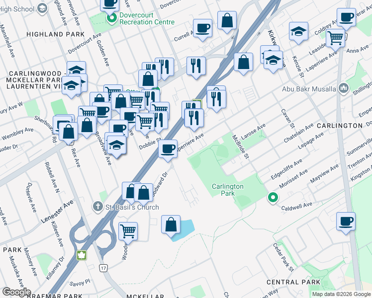 map of restaurants, bars, coffee shops, grocery stores, and more near 1600 Laperriere Avenue in Ottawa