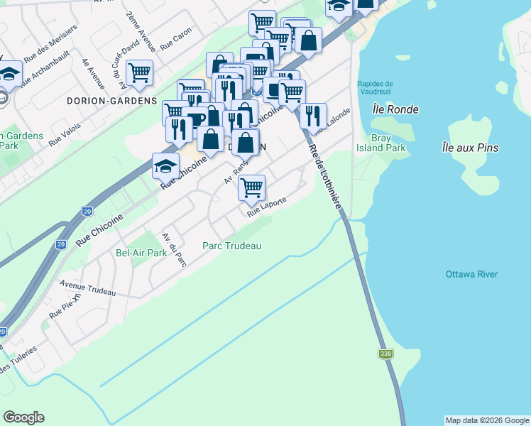 map of restaurants, bars, coffee shops, grocery stores, and more near 392 Rue Laporte in Vaudreuil-Dorion