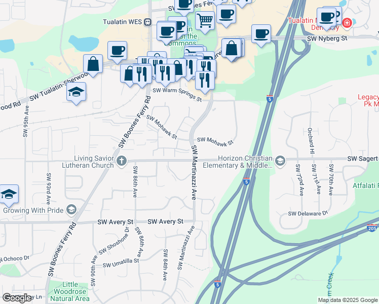 map of restaurants, bars, coffee shops, grocery stores, and more near 8264 Southwest Mohawk Street in Tualatin