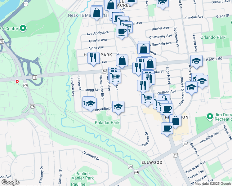 map of restaurants, bars, coffee shops, grocery stores, and more near 2462 Kaladar Avenue in Ottawa