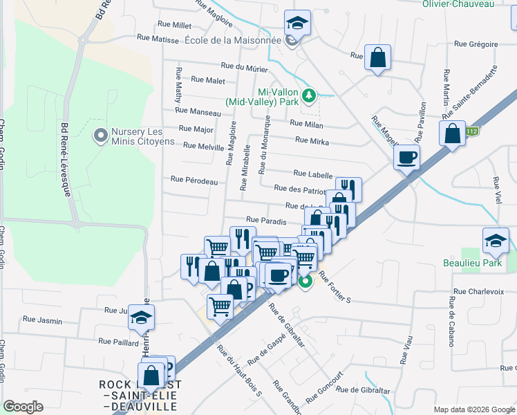 map of restaurants, bars, coffee shops, grocery stores, and more near 1478 Rue de la Pépinière in Sherbrooke