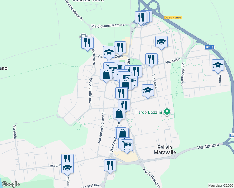 map of restaurants, bars, coffee shops, grocery stores, and more near 4 Via Resistenza in Opera