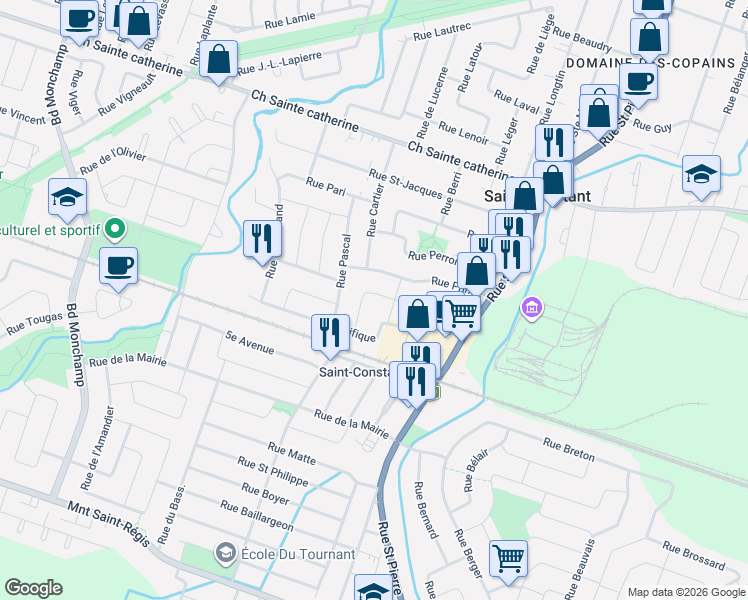 map of restaurants, bars, coffee shops, grocery stores, and more near 92 Rue Perras in Saint-Constant