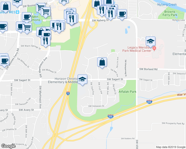 map of restaurants, bars, coffee shops, grocery stores, and more near 7197 Southwest Sagert Street in Tualatin