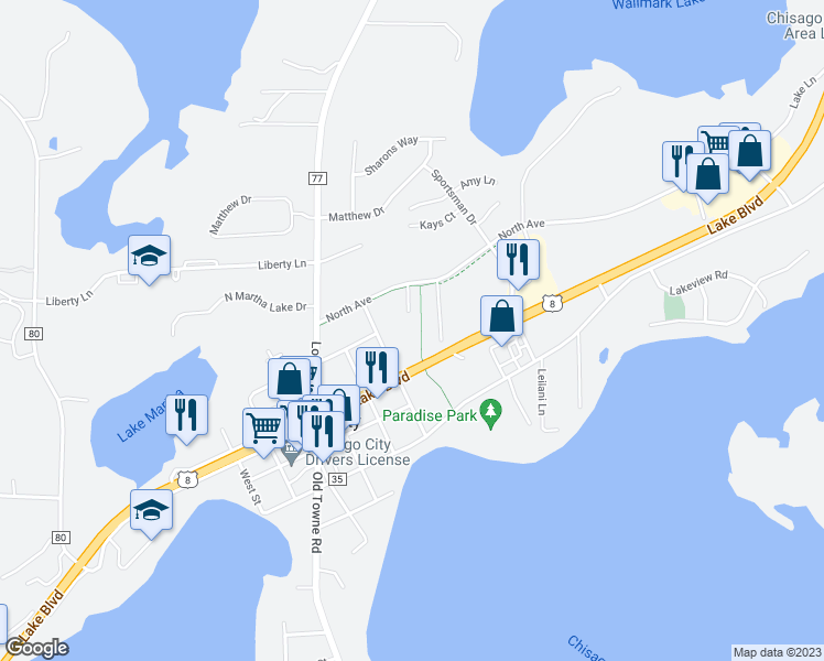 map of restaurants, bars, coffee shops, grocery stores, and more near 29545 East Street in Chisago City