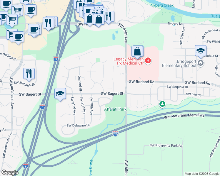 map of restaurants, bars, coffee shops, grocery stores, and more near 6685 Southwest Sagert Street in Tualatin