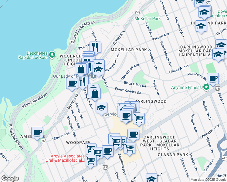 map of restaurants, bars, coffee shops, grocery stores, and more near 2120 Prince Charles Road in Ottawa