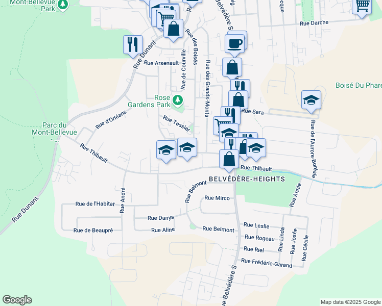 map of restaurants, bars, coffee shops, grocery stores, and more near Rue Bacon in Sherbrooke