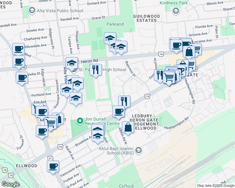 map of restaurants, bars, coffee shops, grocery stores, and more near 2870 Cedarwood Drive in Ottawa