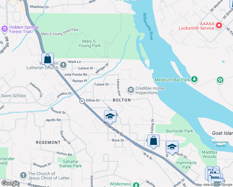 map of restaurants, bars, coffee shops, grocery stores, and more near 6720 Larson Avenue in West Linn