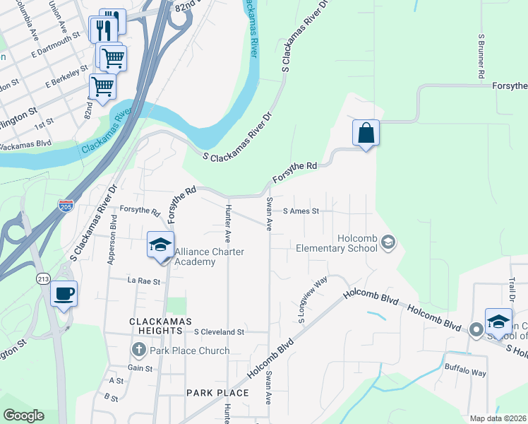 map of restaurants, bars, coffee shops, grocery stores, and more near 15909 Swan Avenue in Oregon City