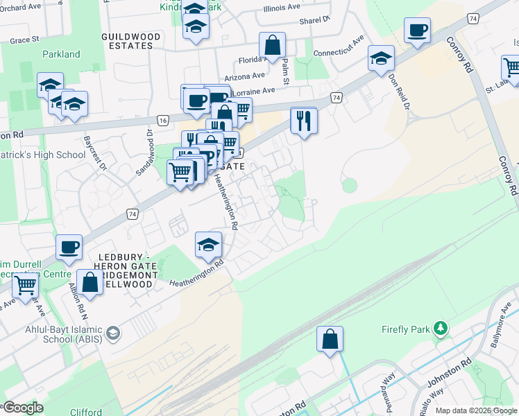 map of restaurants, bars, coffee shops, grocery stores, and more near 11 Corley Private in Ottawa