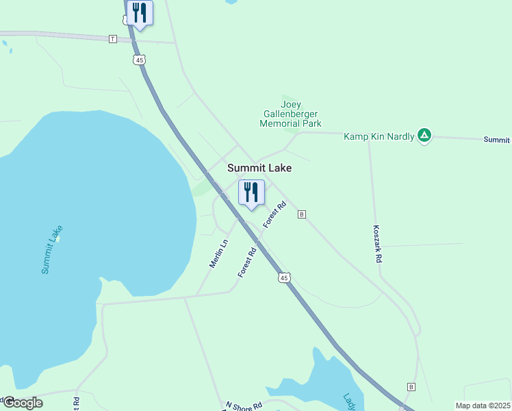 map of restaurants, bars, coffee shops, grocery stores, and more near W10778 Merlin Street in Summit Lake