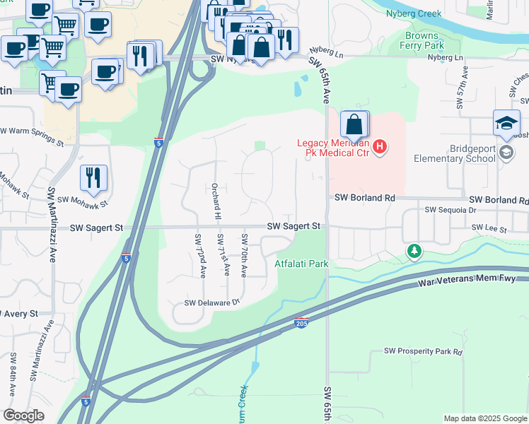 map of restaurants, bars, coffee shops, grocery stores, and more near 19833 Southwest 68th Avenue in Tualatin