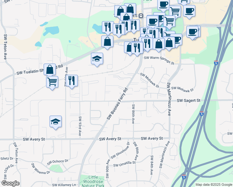 map of restaurants, bars, coffee shops, grocery stores, and more near 19945 Southwest Boones Ferry Road in Tualatin