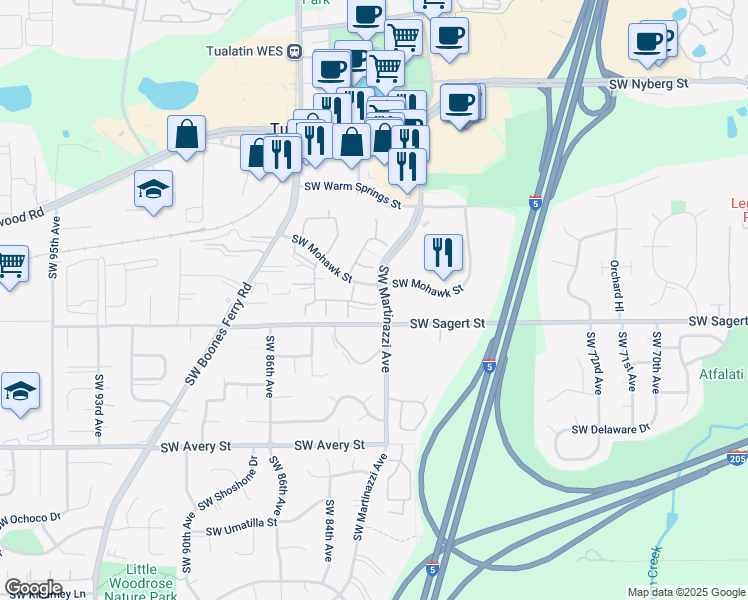 map of restaurants, bars, coffee shops, grocery stores, and more near 8290 Southwest Mohawk Street in Tualatin