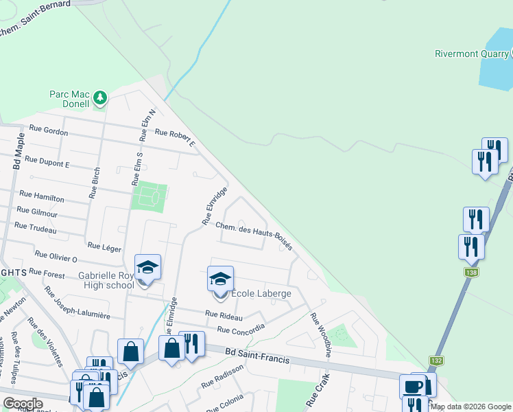 map of restaurants, bars, coffee shops, grocery stores, and more near 125 Rue des Chênes in Châteauguay