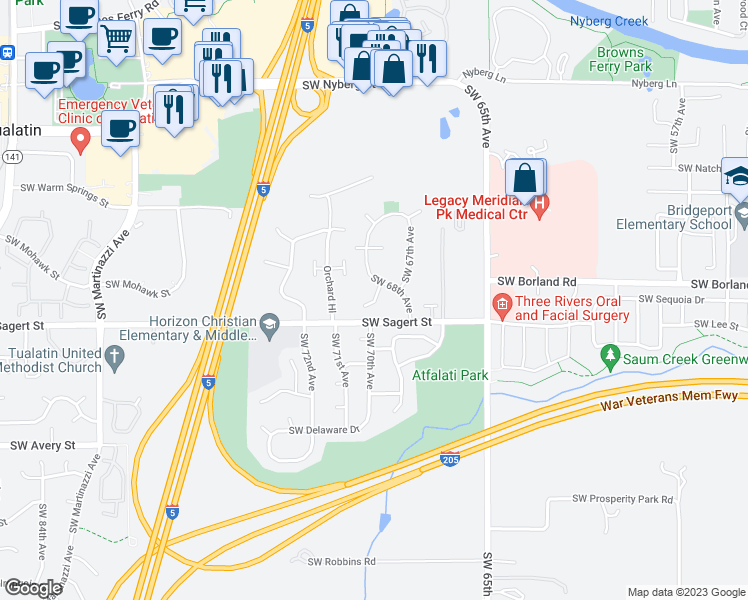 map of restaurants, bars, coffee shops, grocery stores, and more near 19795 Southwest Santee Court in Tualatin