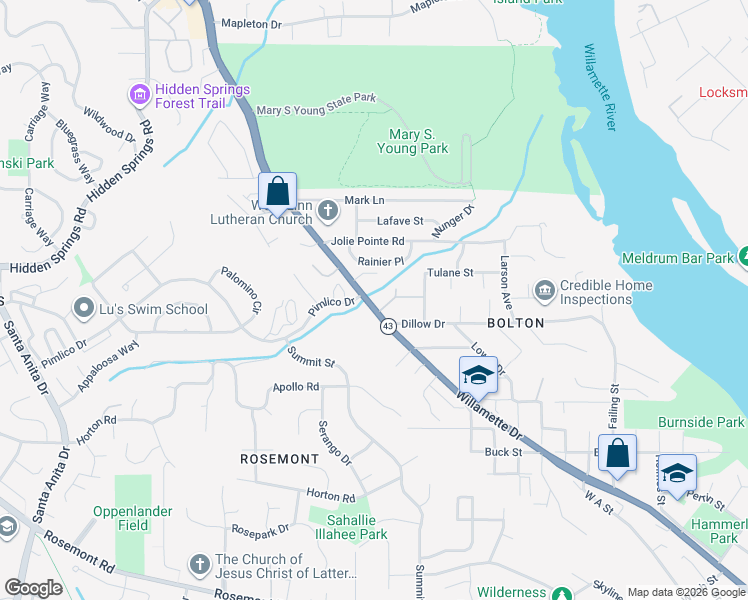 map of restaurants, bars, coffee shops, grocery stores, and more near 20630 Willamette Drive in West Linn