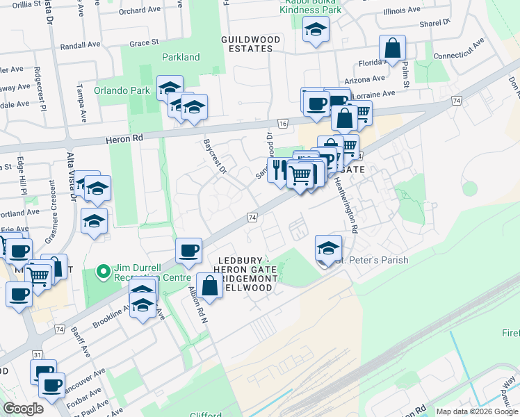 map of restaurants, bars, coffee shops, grocery stores, and more near 2895 Baycrest Drive in Ottawa